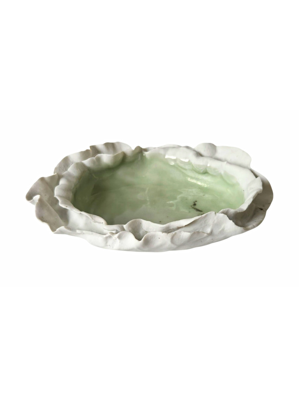 White Ceramic Ruffled Edge Small Dish Pale Green Glaze Signed Studio Pottery 5”